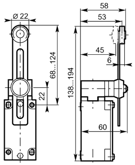 Adj 22 polyamide roller lever 40mm metal dimensions