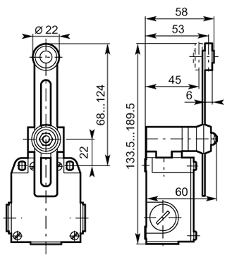 Adj 22 polyamide roller lever 60mm metal dimensions