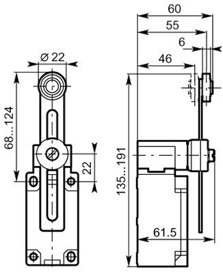 Adj 22 ss roller lever 40mm plastic dimensions