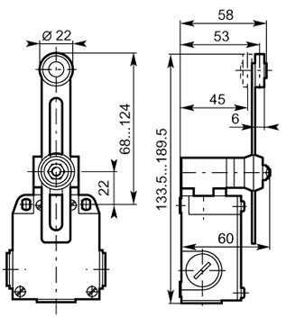 Adj 22 stainless steel roller lever 60mm metal dimensions