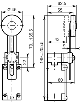 Adj 45 rubber roller lever 40mm metal dimensions