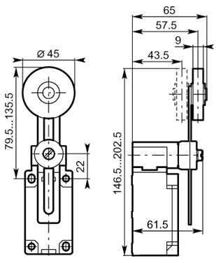 Adj 45 rubber roller lever 40mm plastic dimensions