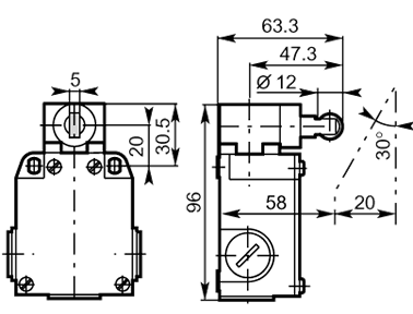 Lateral plunger vertical roller 60mm metal dimensions